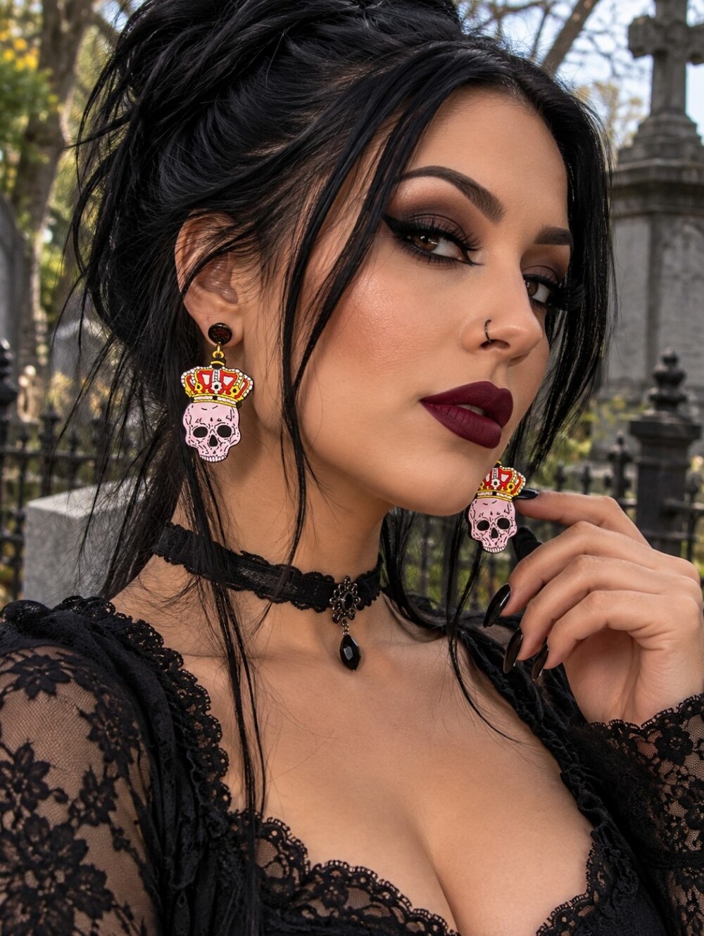 Cute Pink Skull Crown Dangle Earrings Women Goth Halloween Statement Jewelry